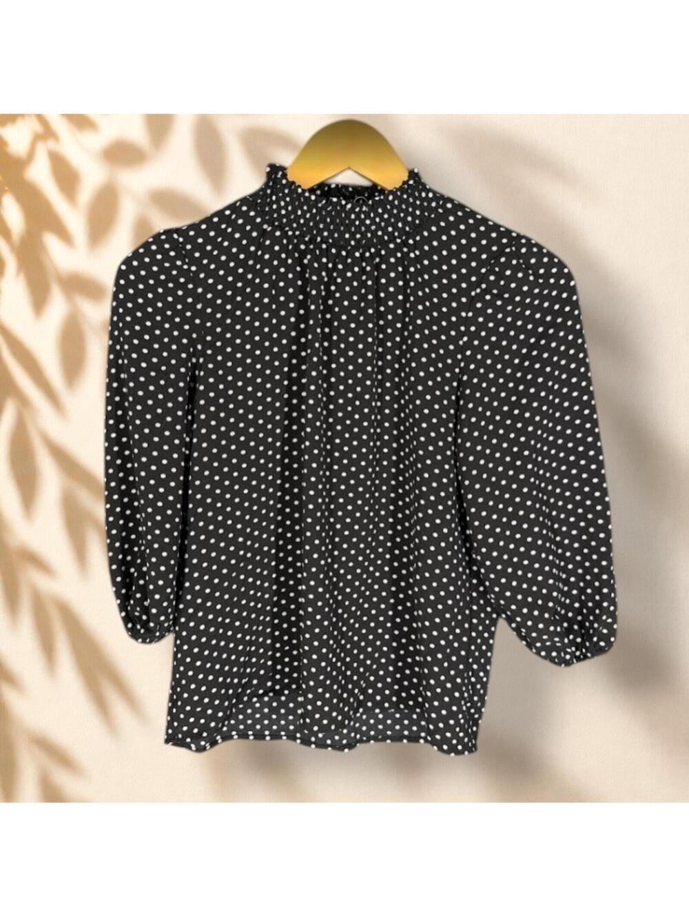 Monteau Blouse Women S Small Black Polka Dot 3/4 Sleeve Crew Neck Casual
